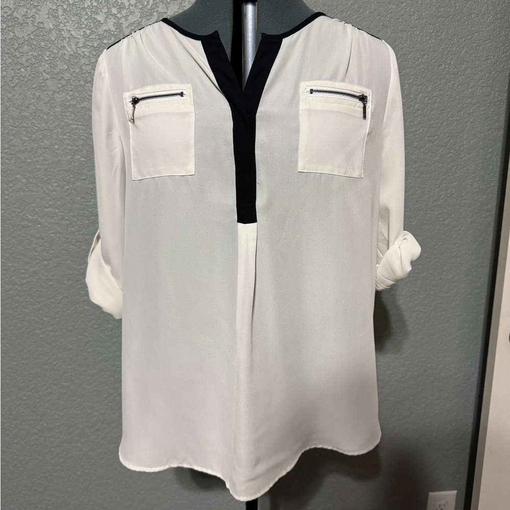 My Michelle Black and Cream Blouse with Zipper Accents